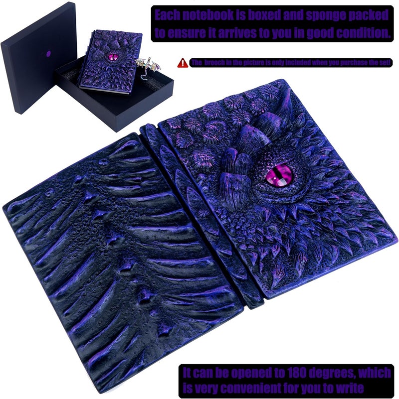 LZlightactor 3D Dragon Eye Embossed Journal,Resin Engraving Notebook,Dnd notebook for Dragon Lovers ，Blank Paper,Hardcover Travel Notepad for Writing,Sketchbook,Collection,Gift,Decoration A4 and A5 Size (A5-Dark Purple-Lined-Brooch) - Image 5